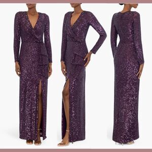 $338 Xscape [ 6 ] Sequin Long Sleeve Column Gown in Mulberry Purple‎.